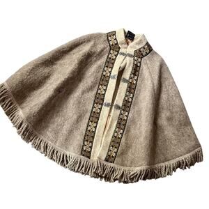 Fjord Fashion Size 44 100% Wool Cape Norway Coat Tan Silver Hook & Loop